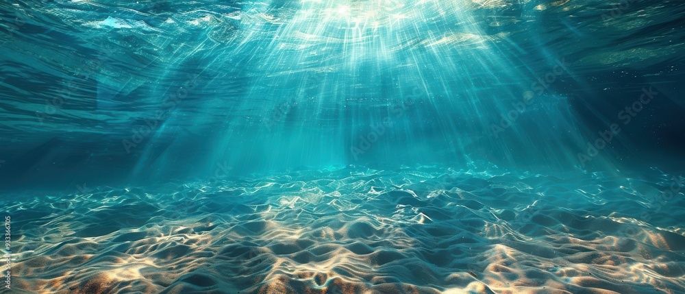 Serene underwater scene with sun rays piercing through the ocean, revealing the sandy seabed. Free copy space for text. Serene underwater scene with sun rays piercing through the ocean, revealing the sandy seabed. Free copy space for text.