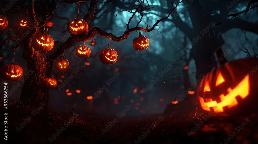 Enchanted Haunted Forest with Glowing Pumpkins in Cartoon Style Copy Space - Halloween Background Concept