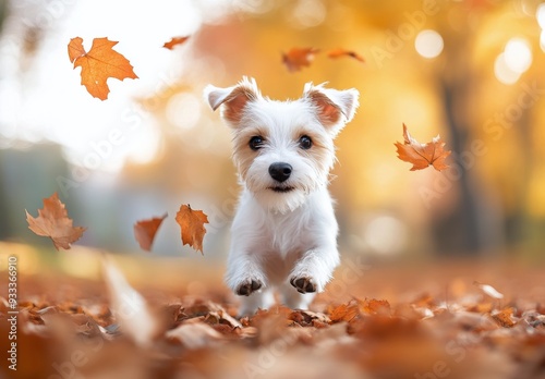 Small white dog joyfully runs through autumn leaves in a sunlit park