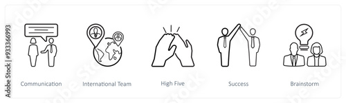 A set of 5 business icons such as communication, international team