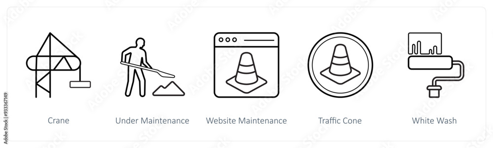 A set of 5 under maintenance icons such as crane, under maintenance A set of 5 under maintenance icons such as crane, under maintenance