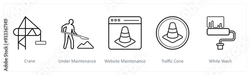 A set of 5 under maintenance icons such as crane, under maintenance