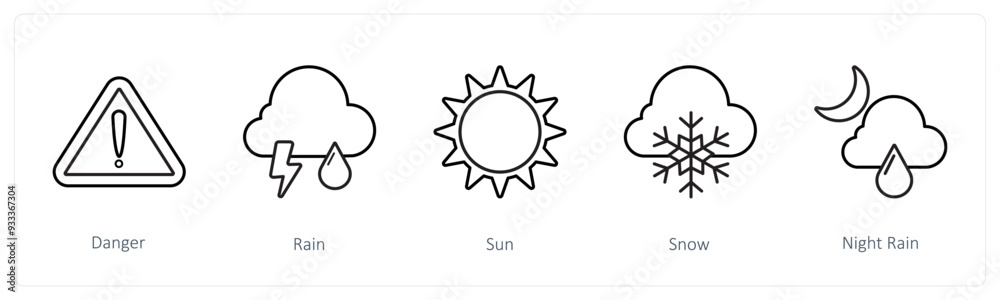 A set of 5 weather icons such as danger, rain, sun A set of 5 weather icons such as danger, rain, sun