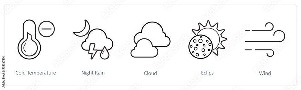 A set of 5 weather icons such as cold temperature, night rain A set of 5 weather icons such as cold temperature, night rain