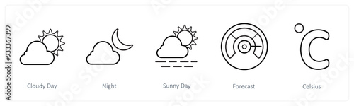 A set of 5 weather icons such as cloudy day, night