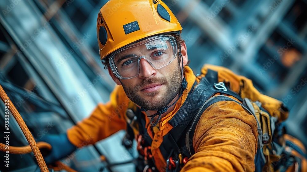 Close-up of a construction worker in full safety gear, including a helmet and harness, climbing a structure on a construction site, emphasizing safety and focus in construction. Close-up of a construction worker in full safety gear, including a helmet and harness, climbing a structure on a construction site, emphasizing safety and focus in construction.