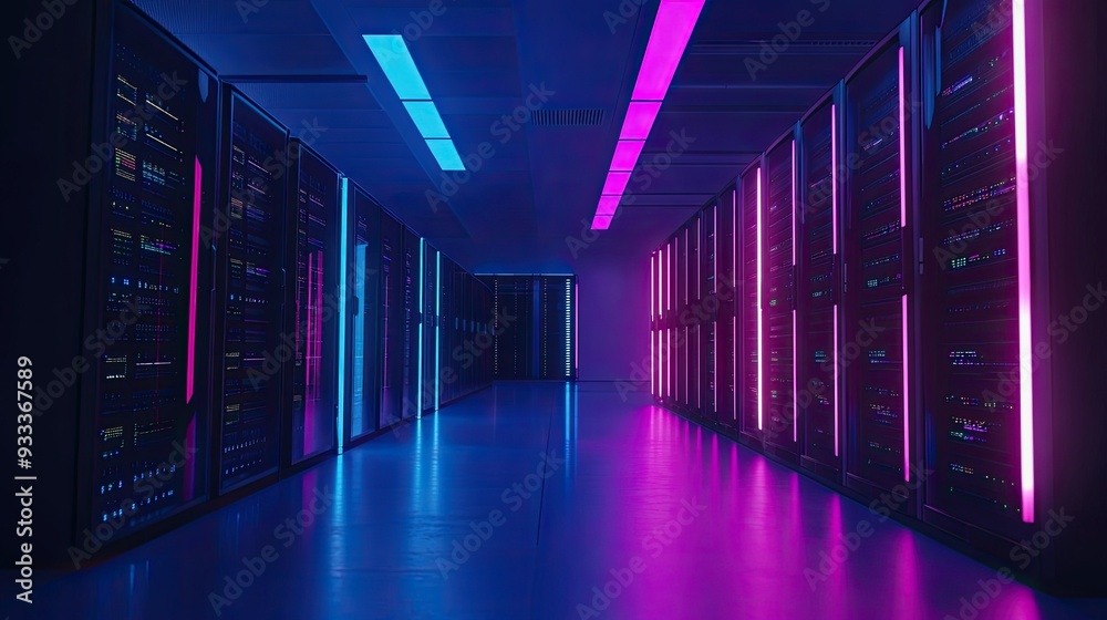 Fototapeta premium Rows of servers lit in pink and blue neon.