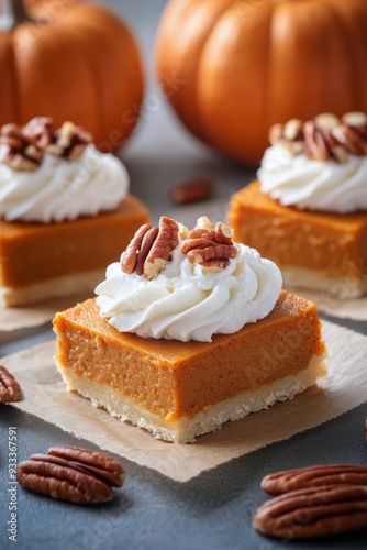 Pumpkin dessert squares topped with whipped cream and pecans on a rustic table