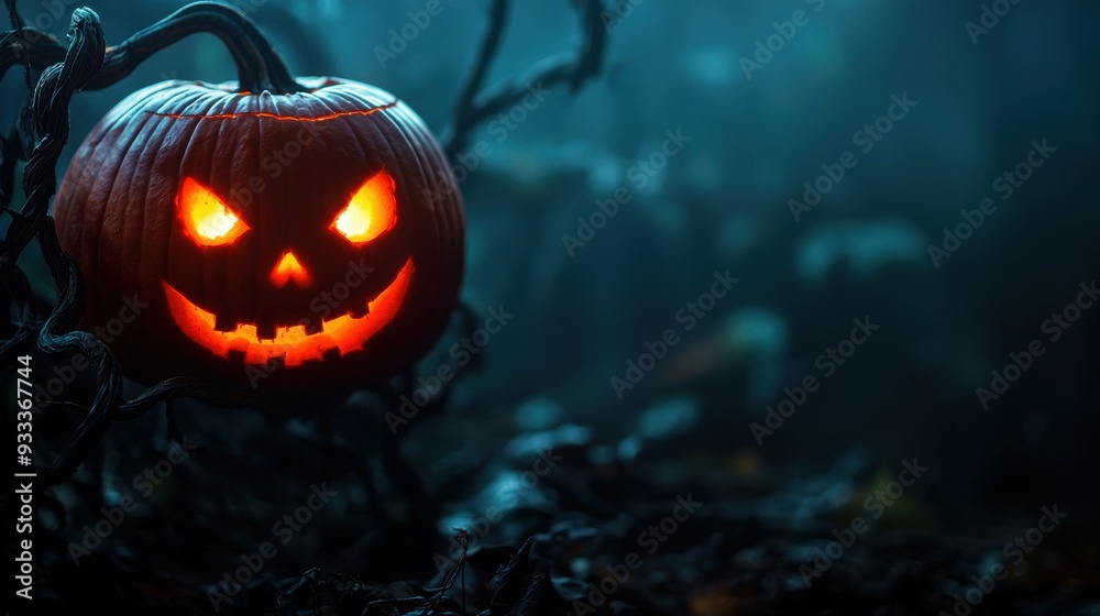 Fototapeta premium Enchanting Spooky Pumpkin Patch with Glowing Eyes and Twisted Vines in Foggy Night - Ultra HD