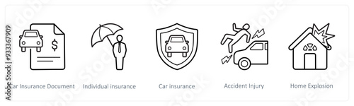 A set of 5 insurance icons such as car insurance document, individual insurance