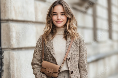 Young woman in stylish outfit posing outdoors in city in autumn