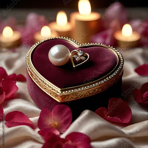 Heart-shaped jewelry box with pearl necklace and soft rose petals Illustration