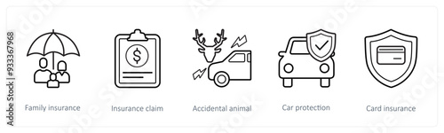 A set of 5 insurance icons such as family insurance, insurance claim