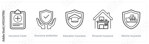 A set of 5 insurance icons such as insurance cover, insurance protection