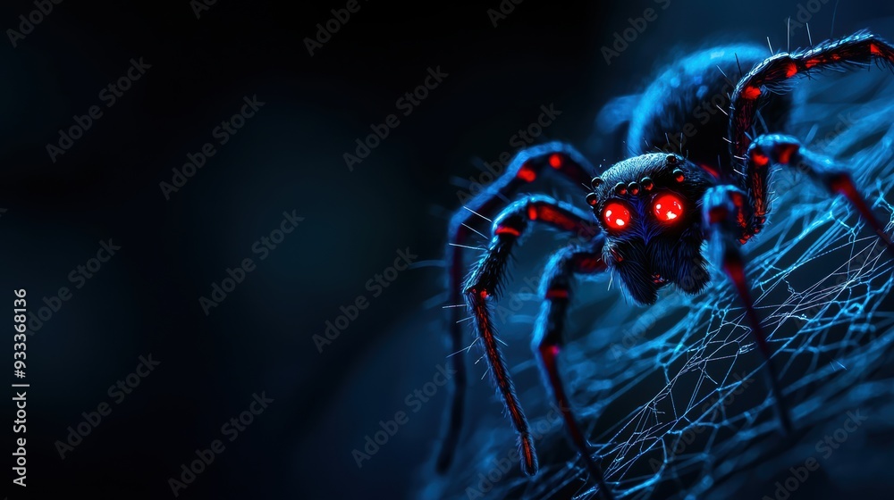 Fototapeta premium Eerie Spider with Glowing Red Eyes in Web-Covered Dark Corner of Room, Selective Focus, Ultra HD, Copy Space