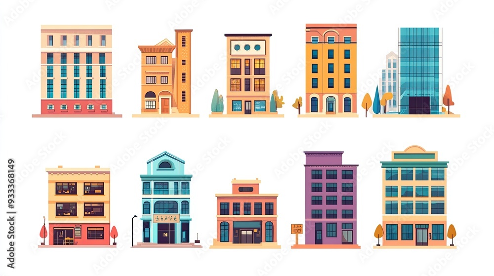 Set of colorful cartoon buildings in different architectural styles. Set of colorful cartoon buildings in different architectural styles.