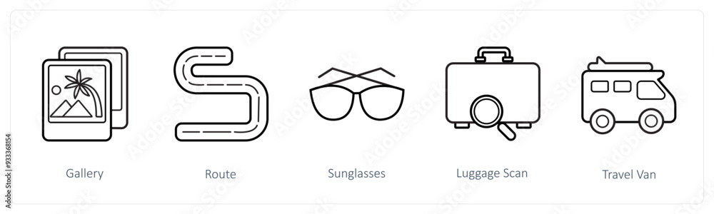A set of 5 travel and vacation icons such as gallery, route, sunglasses A set of 5 travel and vacation icons such as gallery, route, sunglasses