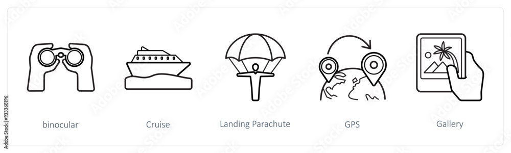 A set of 5 travel and vacation icons such as binocular, cruise, landing parachute A set of 5 travel and vacation icons such as binocular, cruise, landing parachute