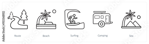 A set of 5 travel and vacation icons such as route, beach, surfing