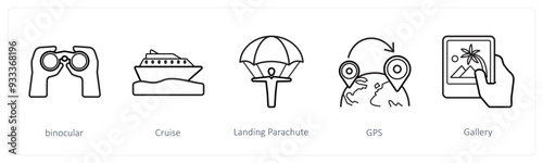 A set of 5 travel and vacation icons such as binocular, cruise, landing parachute