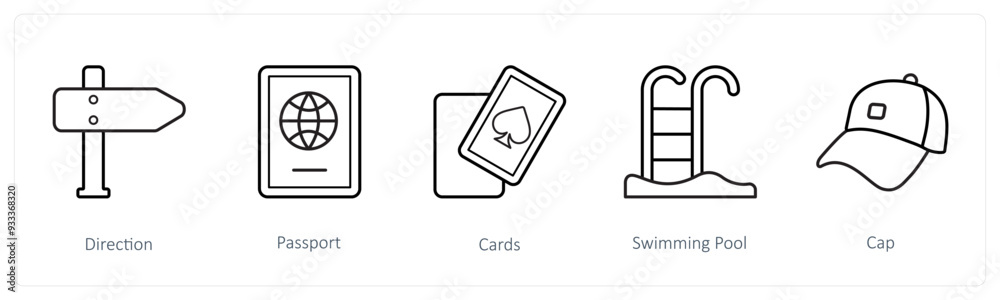 A set of 5 travel and vacation icons such as direction, passport, cards A set of 5 travel and vacation icons such as direction, passport, cards