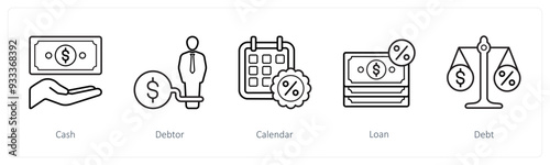 A set of 5 loan icons such as cash, debtor, calendar