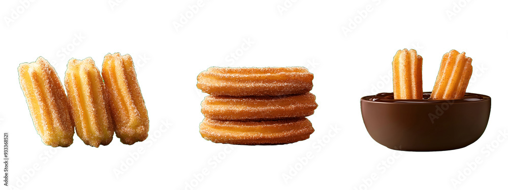 Churros, each with a golden, crispy exterior, soft interior, and generously coated in cinnamon sugar, with a side of rich chocolate dipping sauce Churros, each with a golden, crispy exterior, soft interior, and generously coated in cinnamon sugar, with a side of rich chocolate dipping sauce