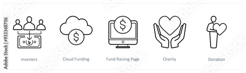 A set of 5 crowdfunding and donation icons such as investors, cloud funding