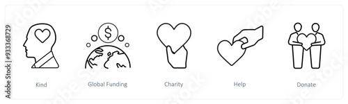 A set of 5 crowdfunding and donation icons such as kind, global funding