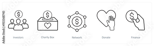 A set of 5 crowdfunding and donation icons such as investors, charity box