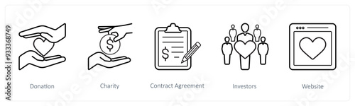 A set of 5 crowdfunding and donation icons such as donation, charity, contarct agreement