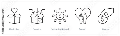 A set of 5 crowdfunding and donation icons such as charity, donation, fundraising network