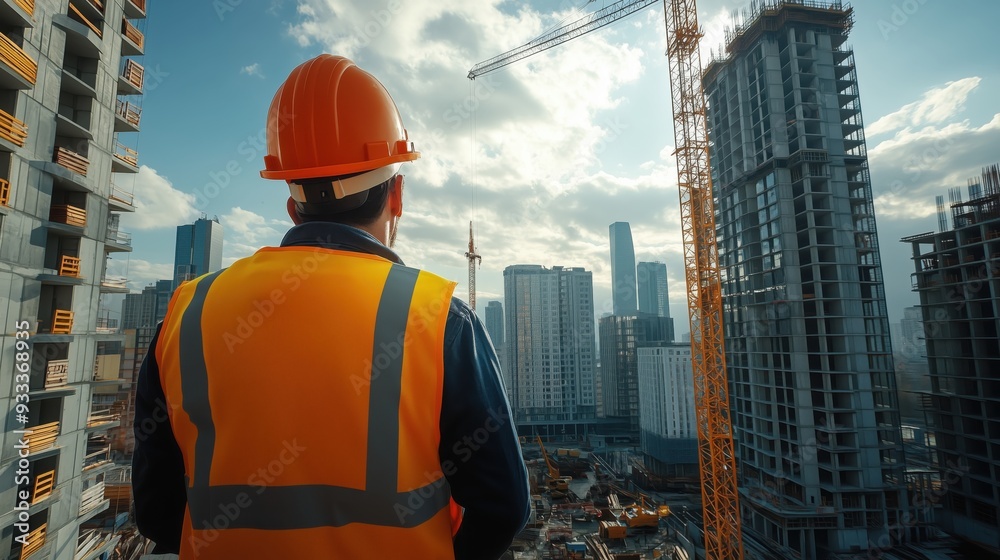 Construction supervisor in a hard hat and safety vest observes the ongoing urban development of high-rise buildings, highlighting leadership in large-scale construction projects. Construction supervisor in a hard hat and safety vest observes the ongoing urban development of high-rise buildings, highlighting leadership in large-scale construction projects.