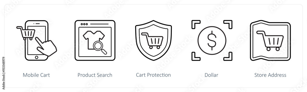 A set of 5 ecommerce and shopping icons such as mobile cart, product search A set of 5 ecommerce and shopping icons such as mobile cart, product search
