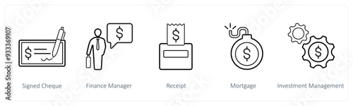 A set of 5 ecommerce and shopping icons such as signed cheque, finance manager