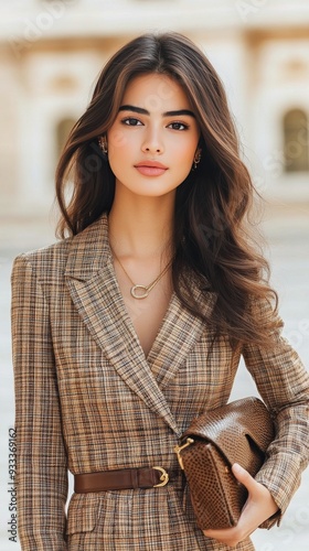Elegant woman in a stylish blazer posing outdoors during the golden hour