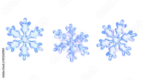 Holographic glass snowflakes set. New Year's and Christmas snowflake icons for greeting cards, social media, and web banners