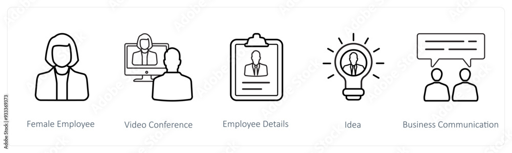 A set of 5 human resource icons such as female employee, video conference A set of 5 human resource icons such as female employee, video conference