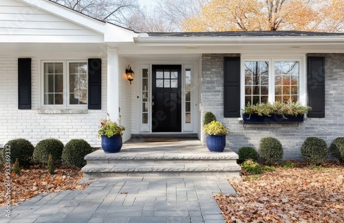 Charming autumn entrance to a home with decorative plants and fallen leaves