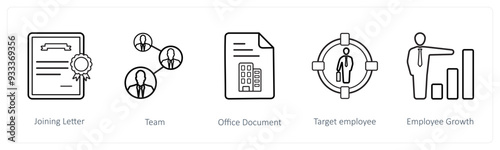 A set of 5 human resource icons such as joining letter, team