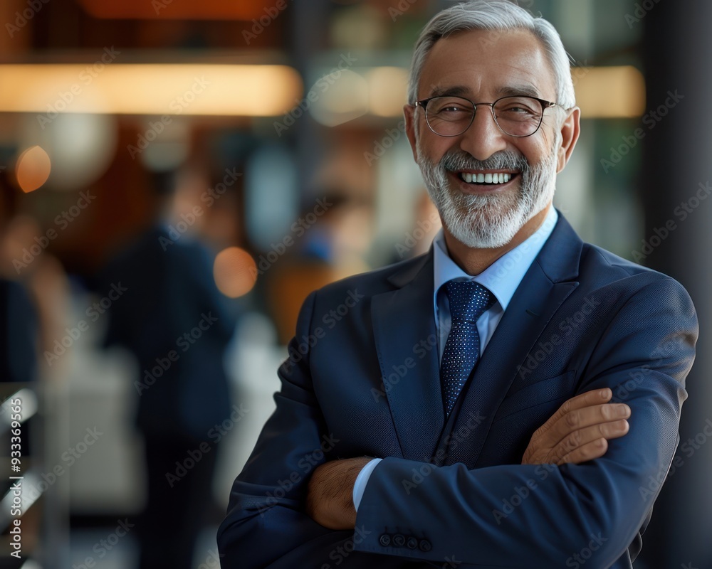 Professional portrait of a senior businessman, arms crossed, happy expression, modern office, blurred people behind. Professional portrait of a senior businessman, arms crossed, happy expression, modern office, blurred people behind.
