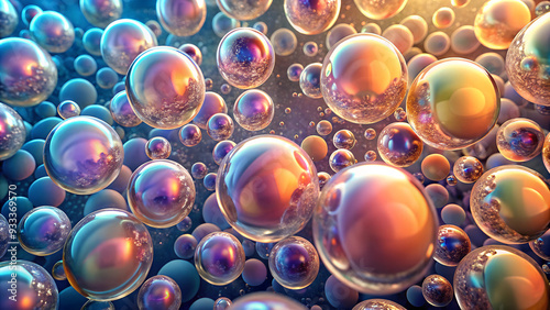 Abstract colorful bubbles floating in a dreamy background with copy space