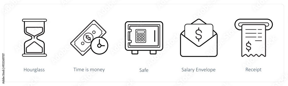 A set of 5 finance and money icons such as hourglass, time is money A set of 5 finance and money icons such as hourglass, time is money