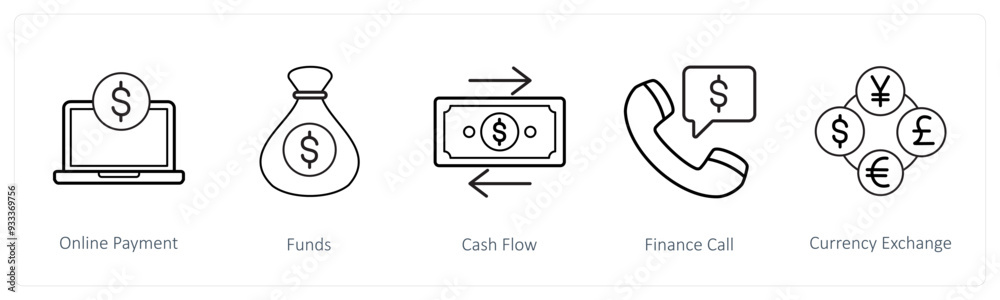 A set of 5 finance and money icons such as online payment, funds, cash flow A set of 5 finance and money icons such as online payment, funds, cash flow