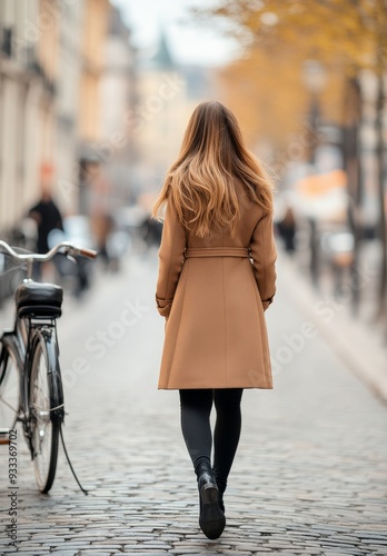 Woman walking in a stylish coat down a cobbled street with a bicycle beside her