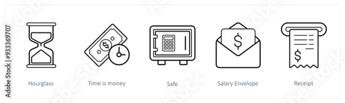 A set of 5 finance and money icons such as hourglass, time is money