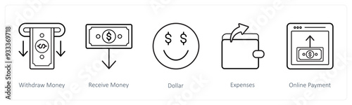 A set of 5 finance and money icons such as withdraw money, receive money