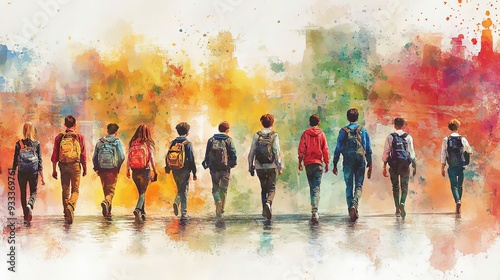 Group of Friends Walking Back to School in Vibrant Watercolor