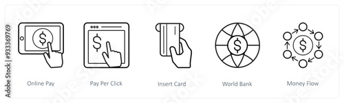 A set of 5 finance and money icons such as online pay, pay per click