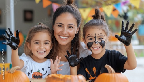 Indoor pumpkin decorating with mom and kids during Halloween
